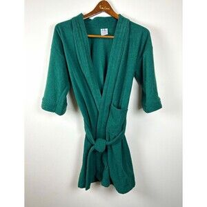 Vintage 90s Le Tigre Kids Bathrobe Green Fleece Belted Loungewear Robe Sz 12/14